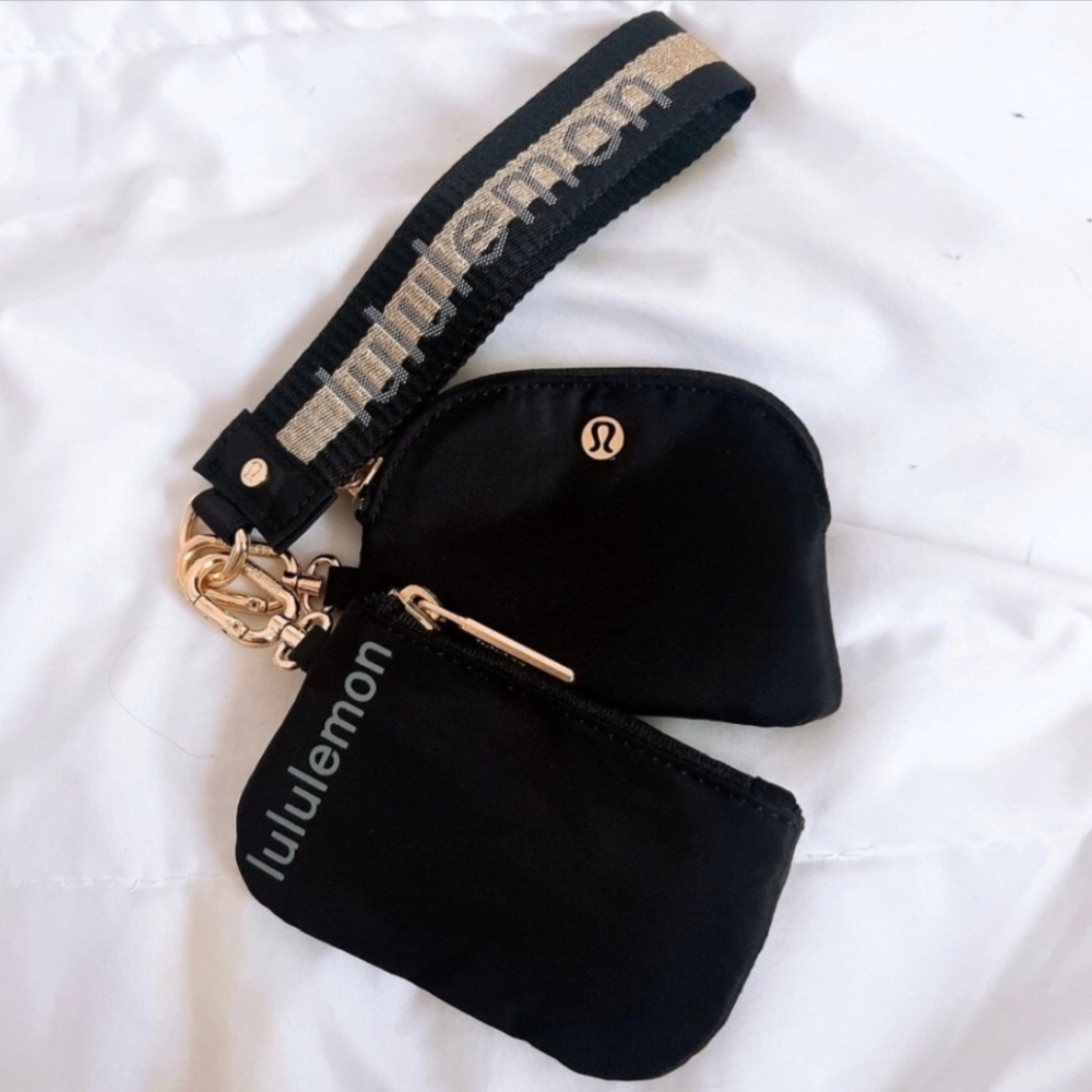 lululemon athletica Dual Pouch Never Lost Keychain Black Wristlet with Gold
